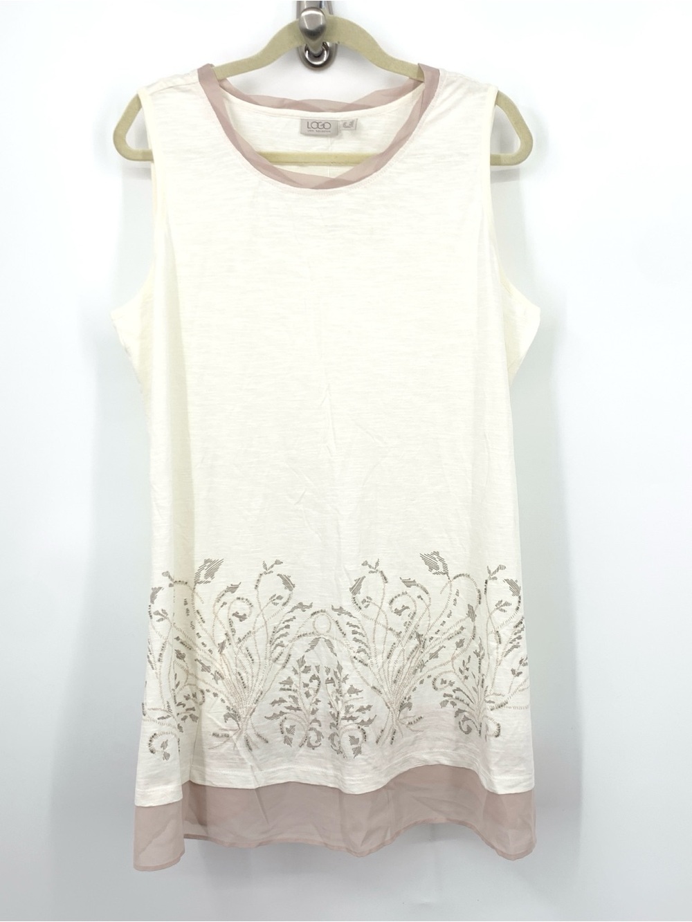 LOGO Lori Goldstein Women Size 1X Tank Top Beige White Beaded Layer Tunic Cotton